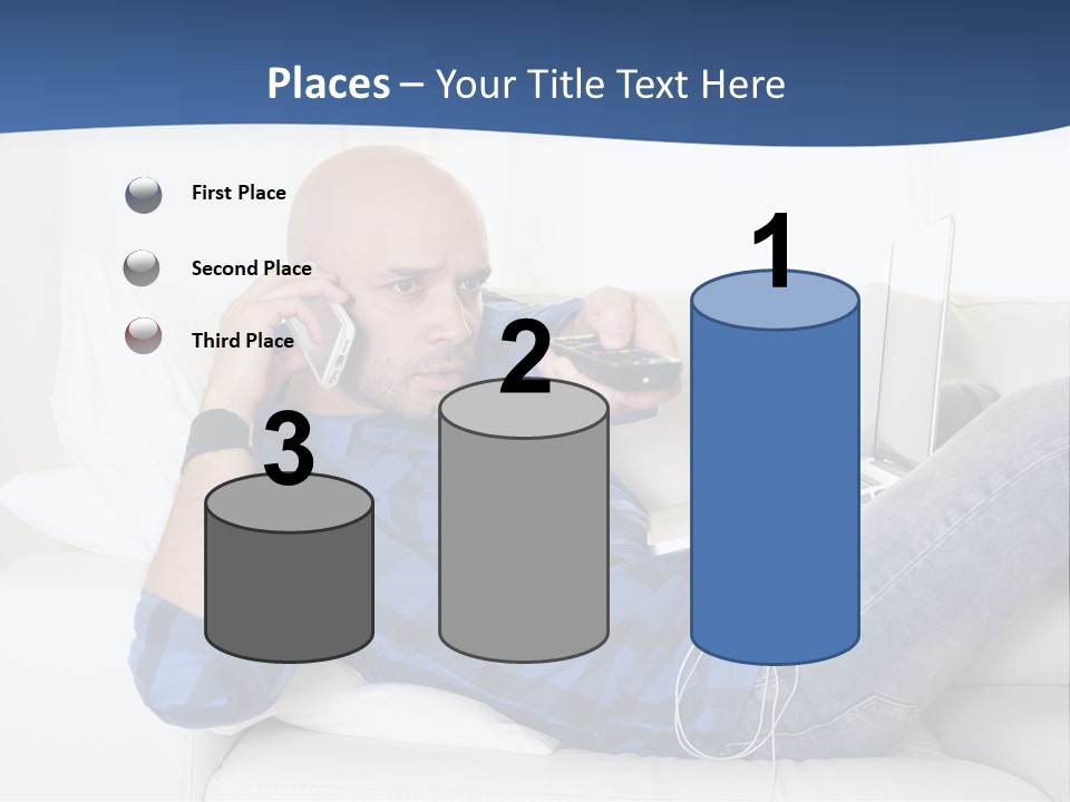 A Man Sitting On A Couch Talking On A Cell Phone PowerPoint Template