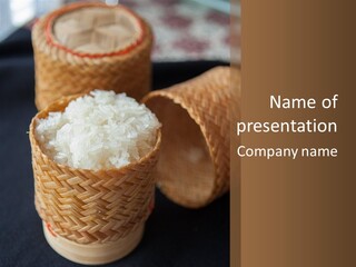 Three Baskets With Rice Inside Of Them On A Table PowerPoint Template