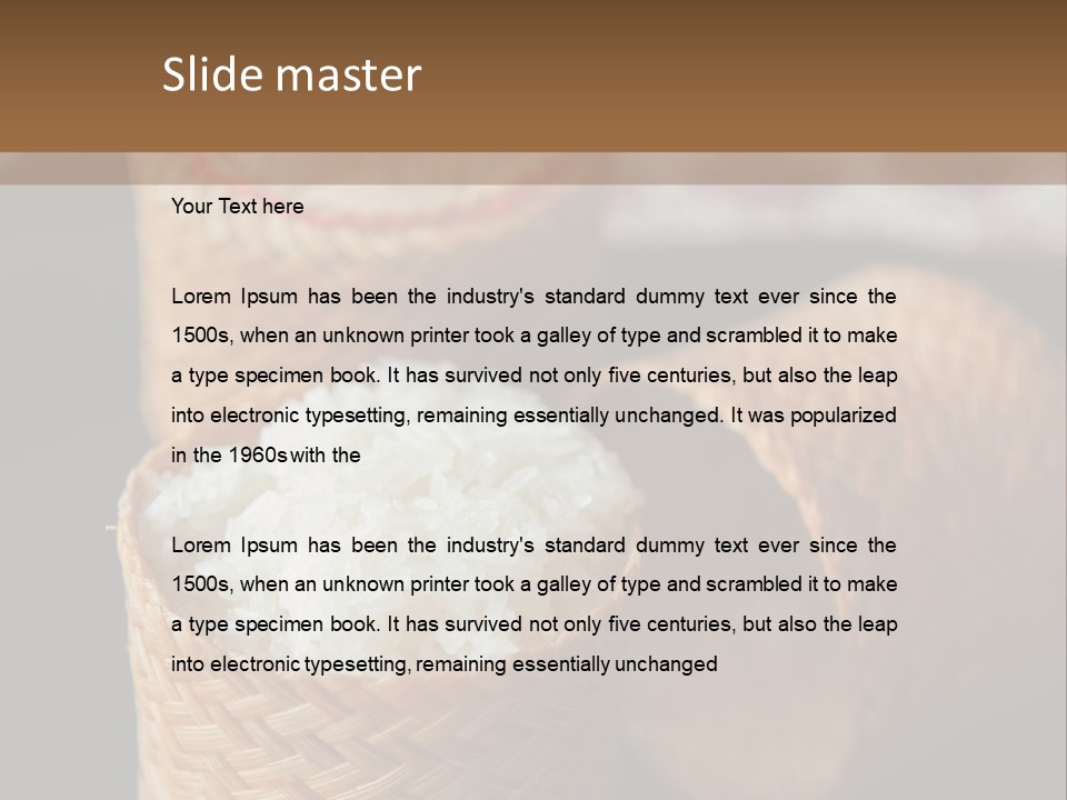 Three Baskets With Rice Inside Of Them On A Table PowerPoint Template