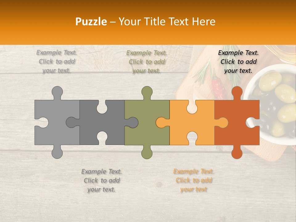 A Wooden Table Topped With Olives And A Bowl Of Olives PowerPoint Template