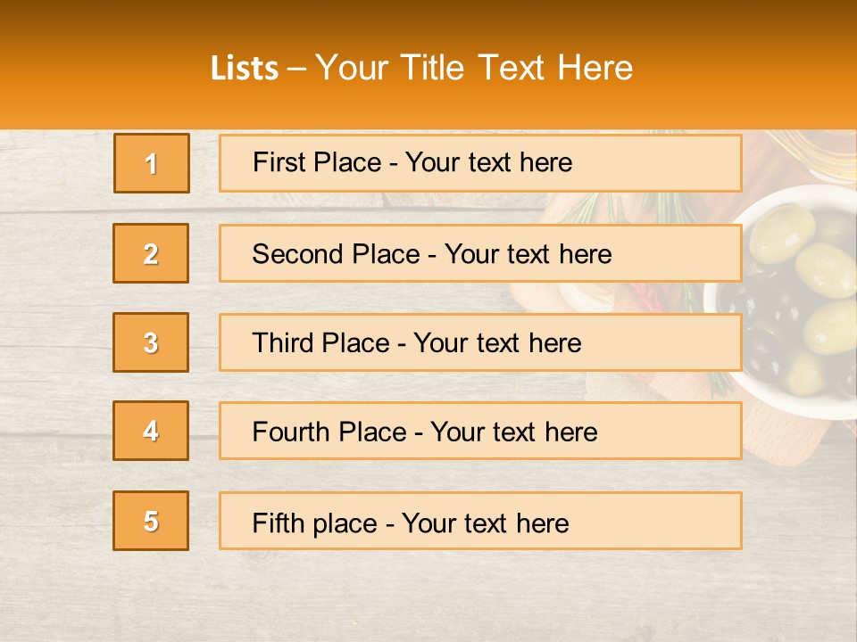 A Wooden Table Topped With Olives And A Bowl Of Olives PowerPoint Template