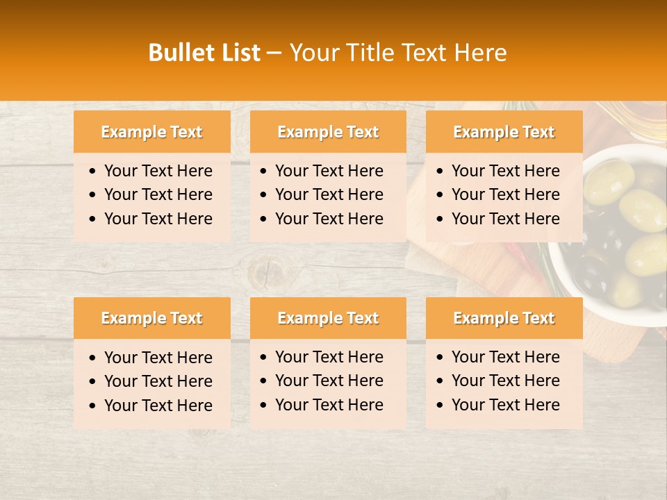 A Wooden Table Topped With Olives And A Bowl Of Olives PowerPoint Template