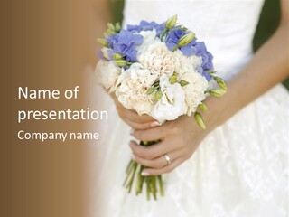 A Woman In A Wedding Dress Holding A Bouquet Of Flowers PowerPoint Template