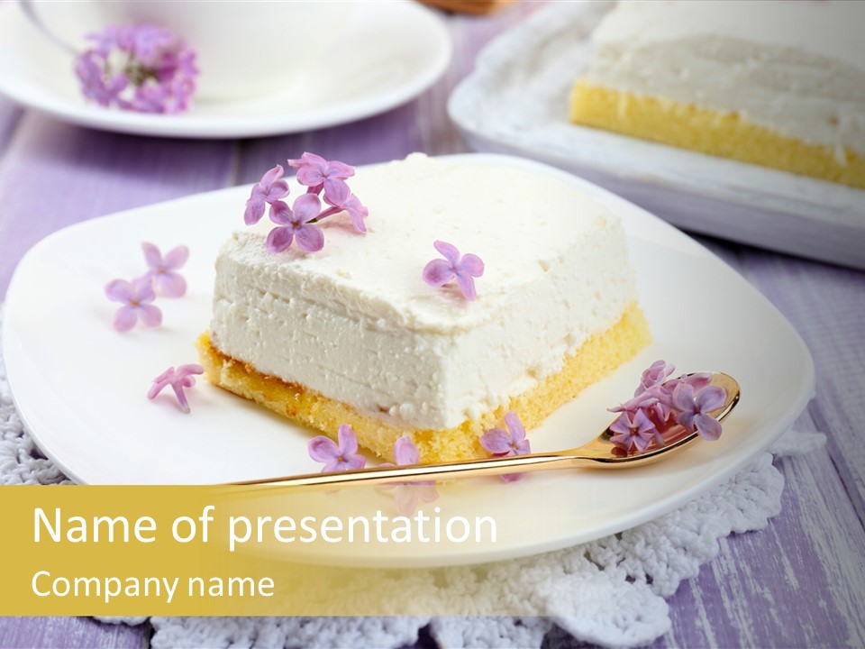 A Piece Of Cake On A White Plate With Purple Flowers PowerPoint Template