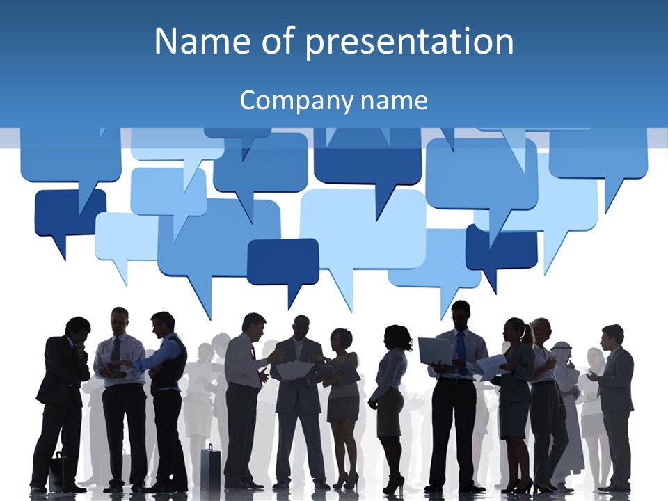 A Group Of People Standing In Front Of Speech Bubbles PowerPoint Template