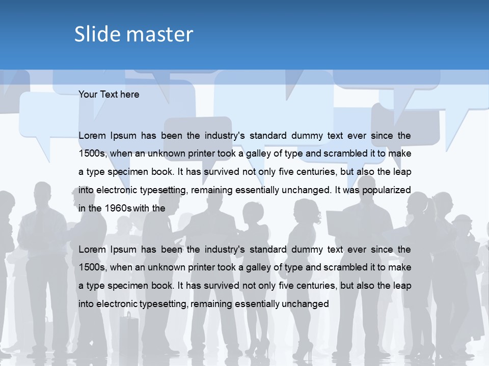 A Group Of People Standing In Front Of Speech Bubbles PowerPoint Template