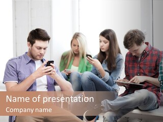 A Group Of People Sitting On A Bench Looking At Their Cell Phones PowerPoint Template