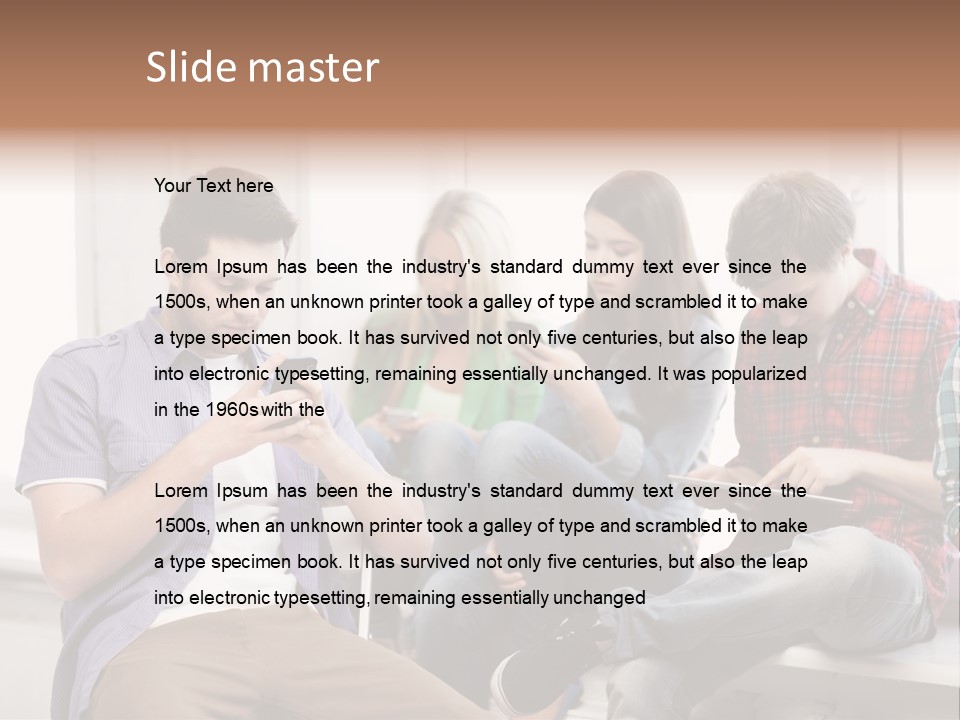 A Group Of People Sitting On A Bench Looking At Their Cell Phones PowerPoint Template