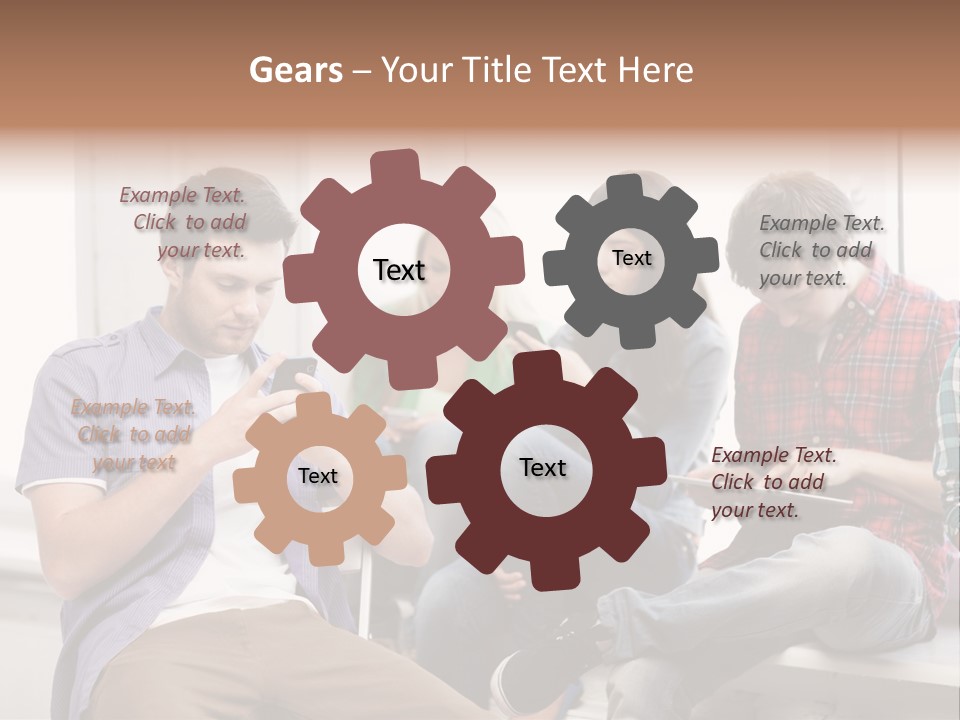 A Group Of People Sitting On A Bench Looking At Their Cell Phones PowerPoint Template