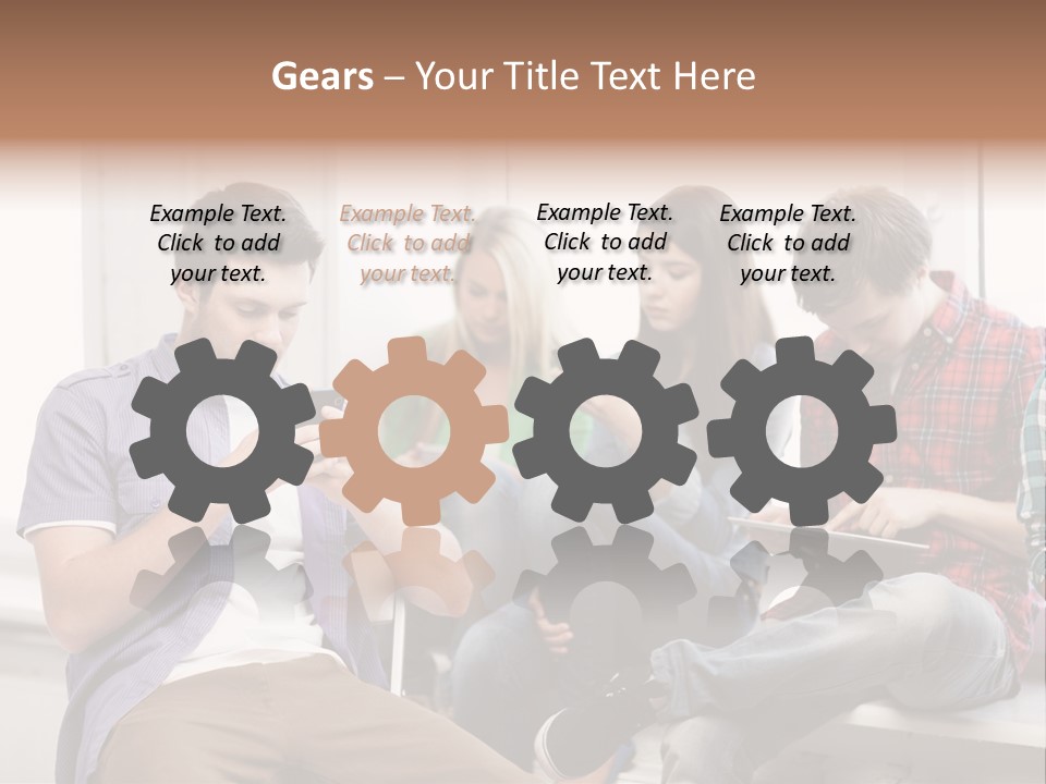 A Group Of People Sitting On A Bench Looking At Their Cell Phones PowerPoint Template