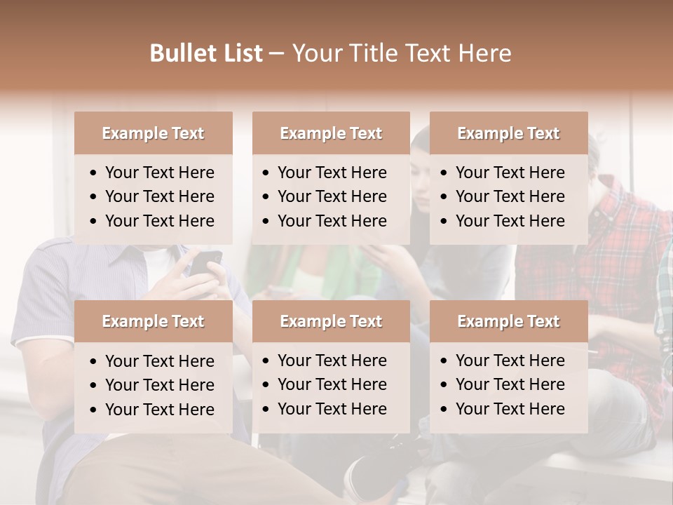 A Group Of People Sitting On A Bench Looking At Their Cell Phones PowerPoint Template