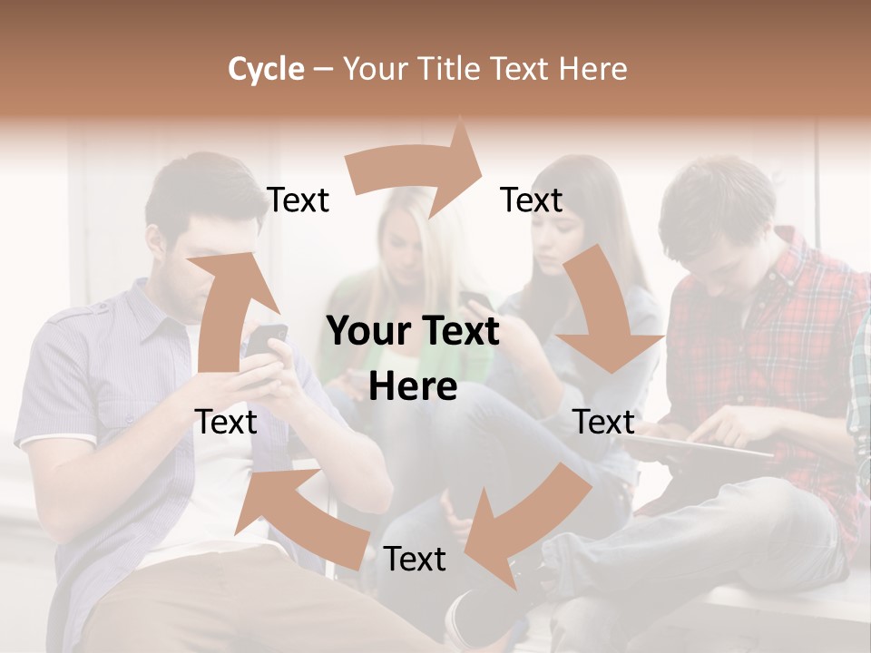 A Group Of People Sitting On A Bench Looking At Their Cell Phones PowerPoint Template