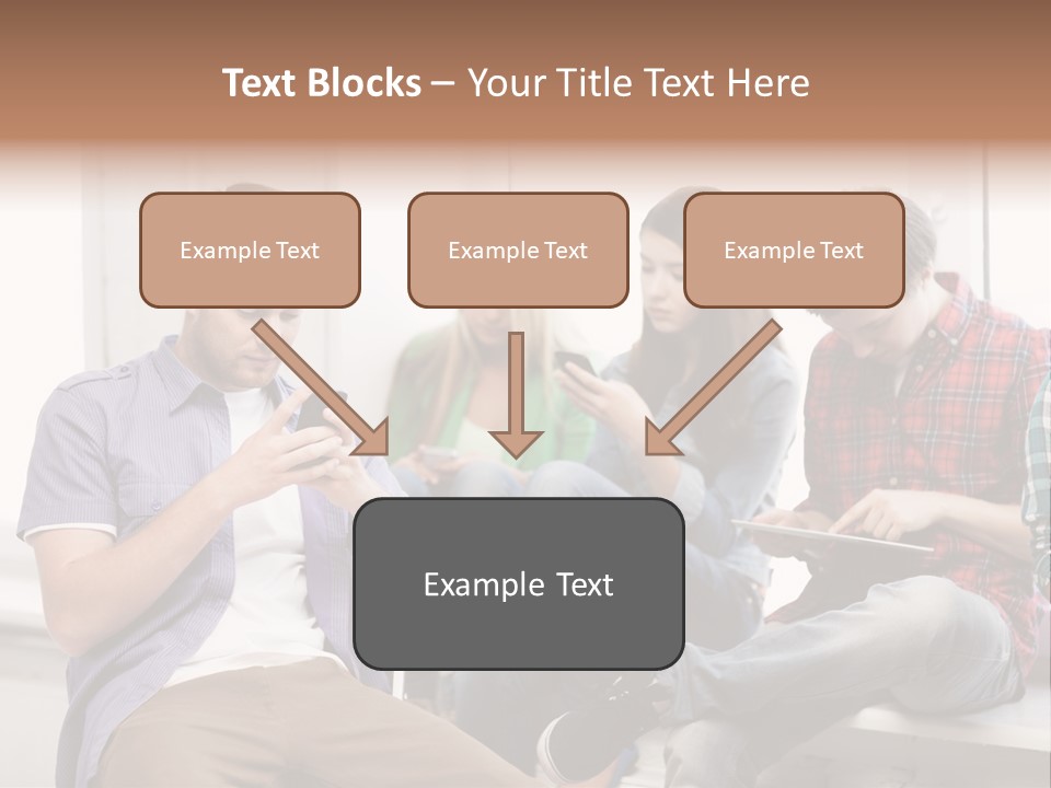 A Group Of People Sitting On A Bench Looking At Their Cell Phones PowerPoint Template