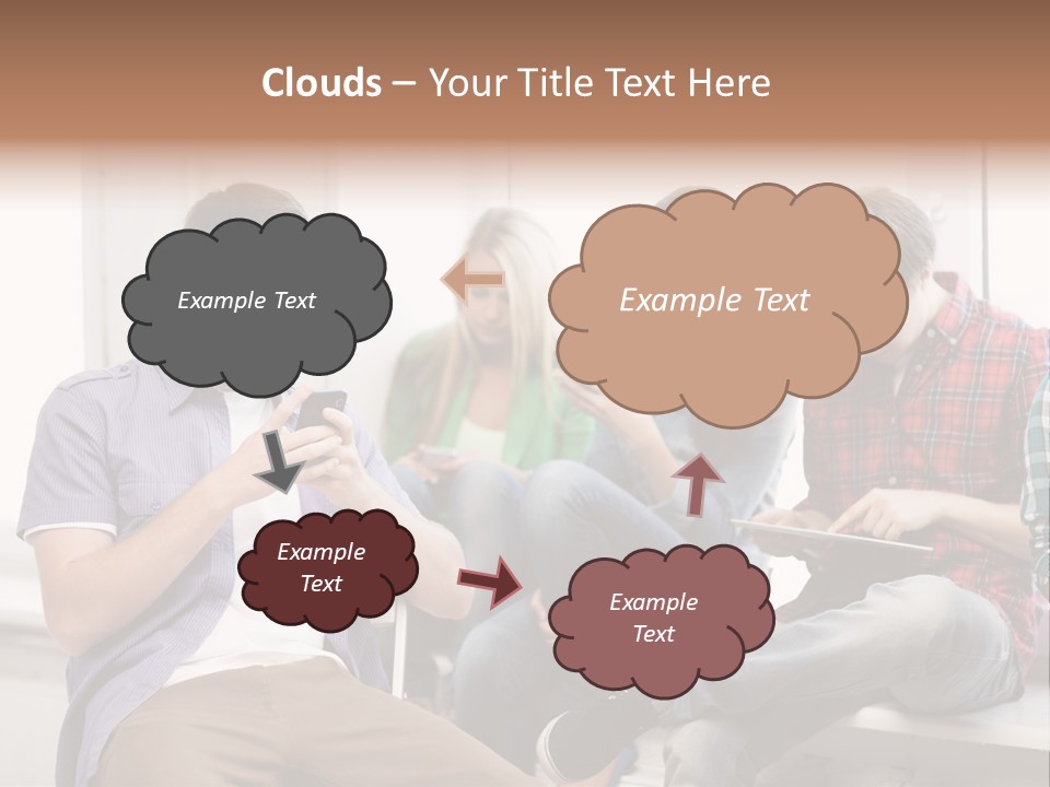 A Group Of People Sitting On A Bench Looking At Their Cell Phones PowerPoint Template