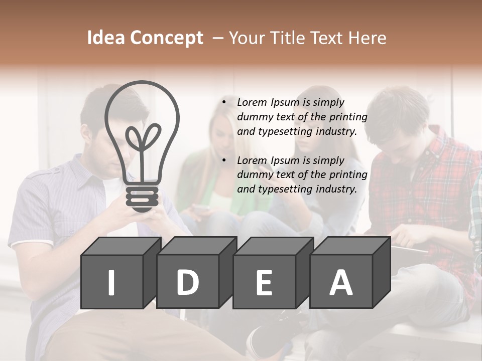 A Group Of People Sitting On A Bench Looking At Their Cell Phones PowerPoint Template