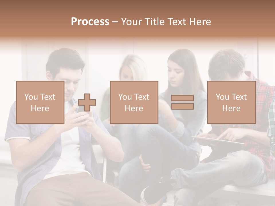 A Group Of People Sitting On A Bench Looking At Their Cell Phones PowerPoint Template