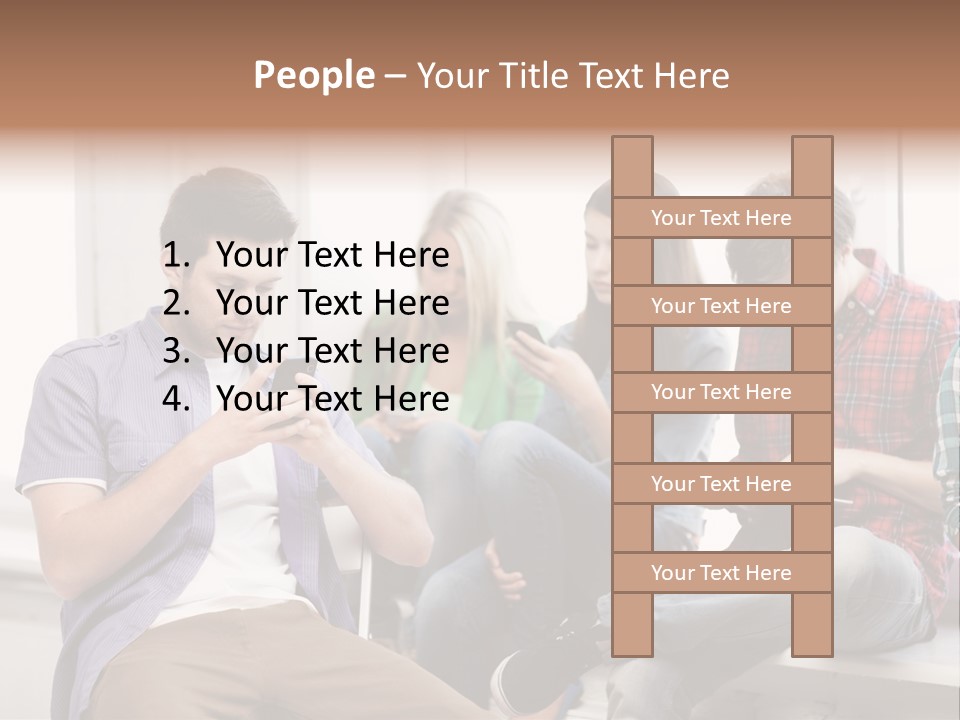 A Group Of People Sitting On A Bench Looking At Their Cell Phones PowerPoint Template