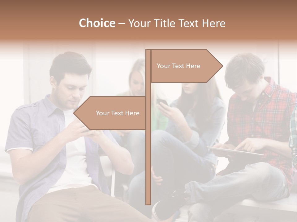 A Group Of People Sitting On A Bench Looking At Their Cell Phones PowerPoint Template