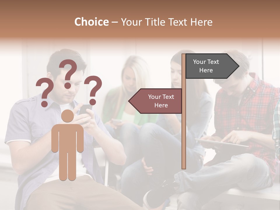 A Group Of People Sitting On A Bench Looking At Their Cell Phones PowerPoint Template