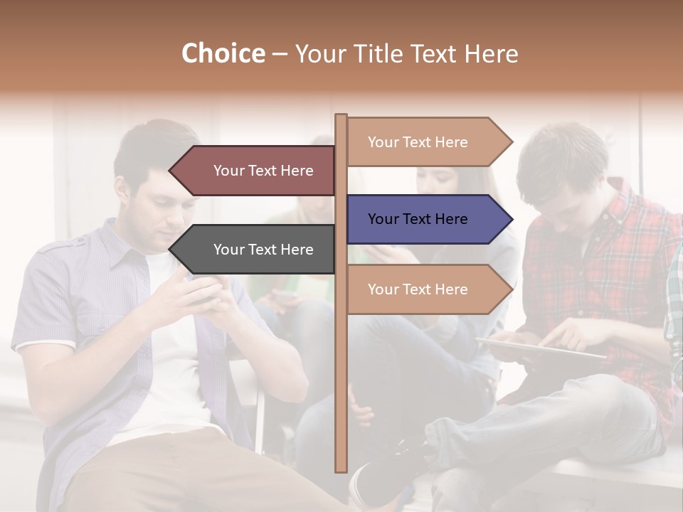 A Group Of People Sitting On A Bench Looking At Their Cell Phones PowerPoint Template