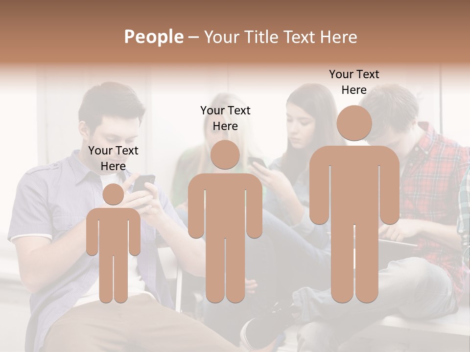 A Group Of People Sitting On A Bench Looking At Their Cell Phones PowerPoint Template