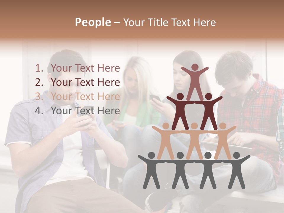 A Group Of People Sitting On A Bench Looking At Their Cell Phones PowerPoint Template