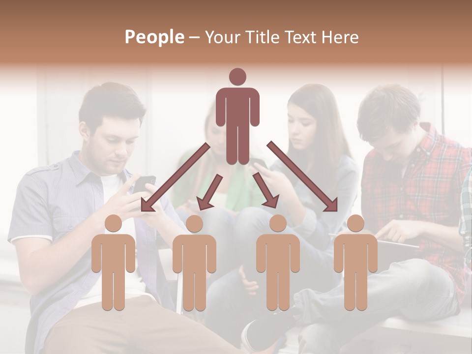 A Group Of People Sitting On A Bench Looking At Their Cell Phones PowerPoint Template