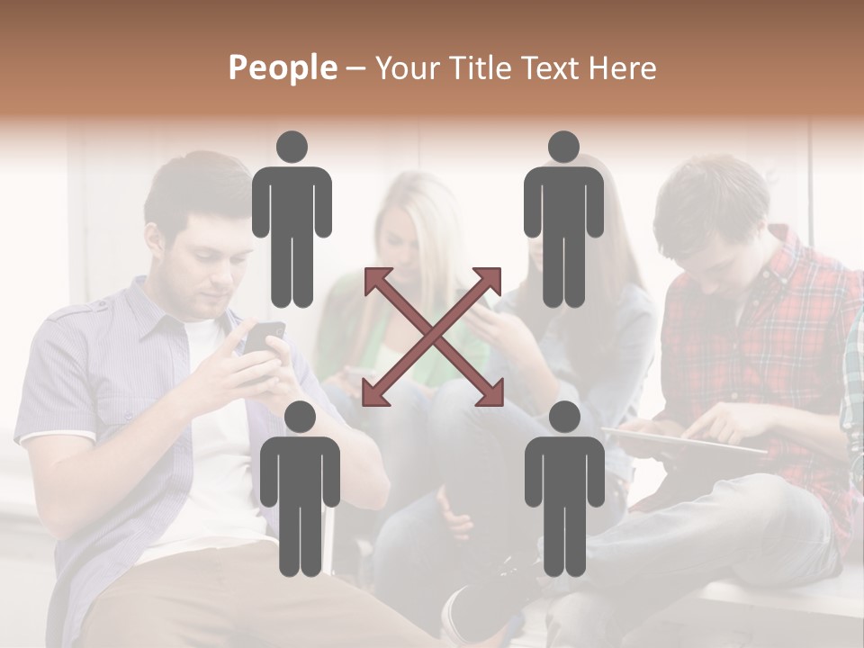 A Group Of People Sitting On A Bench Looking At Their Cell Phones PowerPoint Template