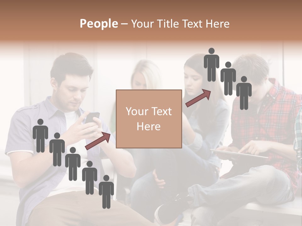 A Group Of People Sitting On A Bench Looking At Their Cell Phones PowerPoint Template