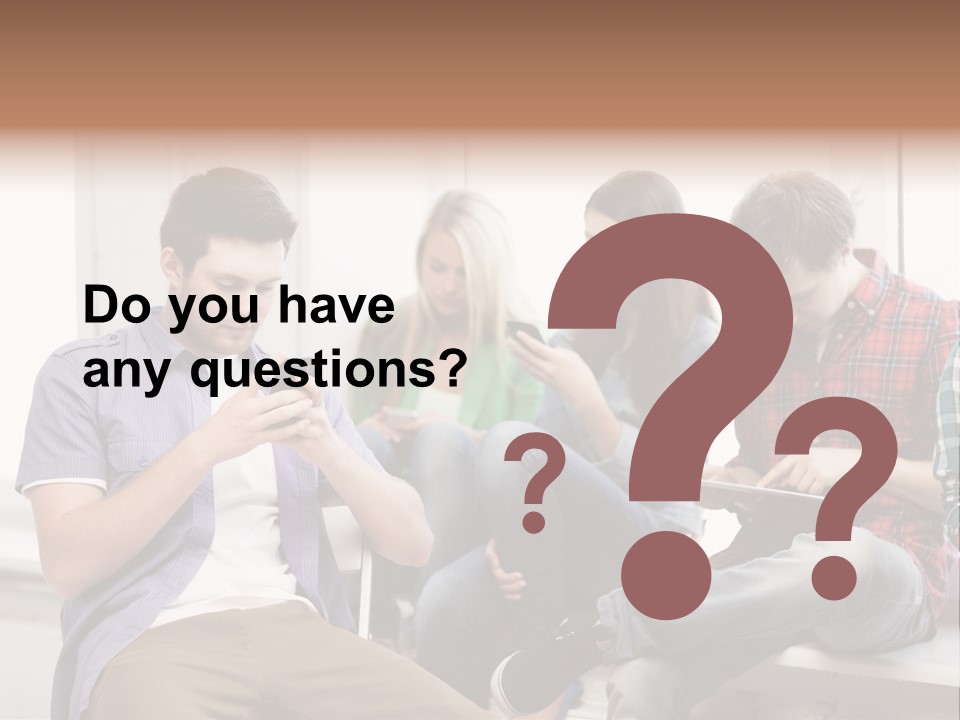 A Group Of People Sitting On A Bench Looking At Their Cell Phones PowerPoint Template