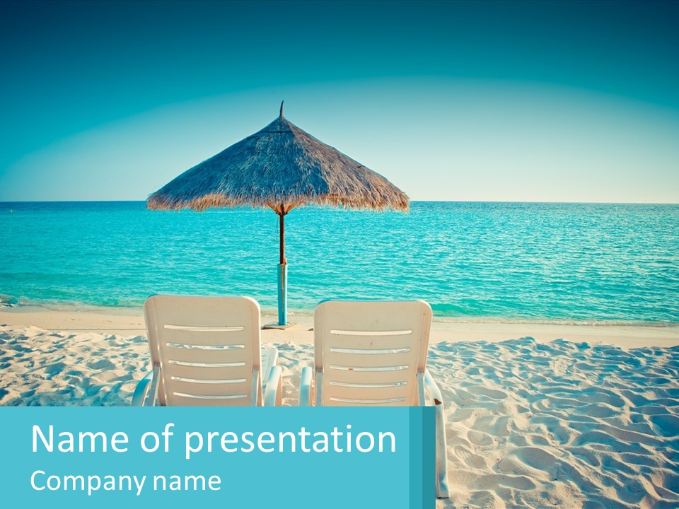 Two Chairs And An Umbrella On A Beach PowerPoint Template