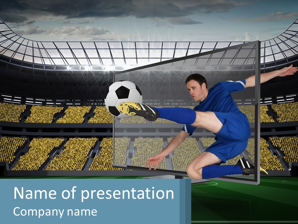 A Man Kicking A Soccer Ball In A Stadium PowerPoint Template
