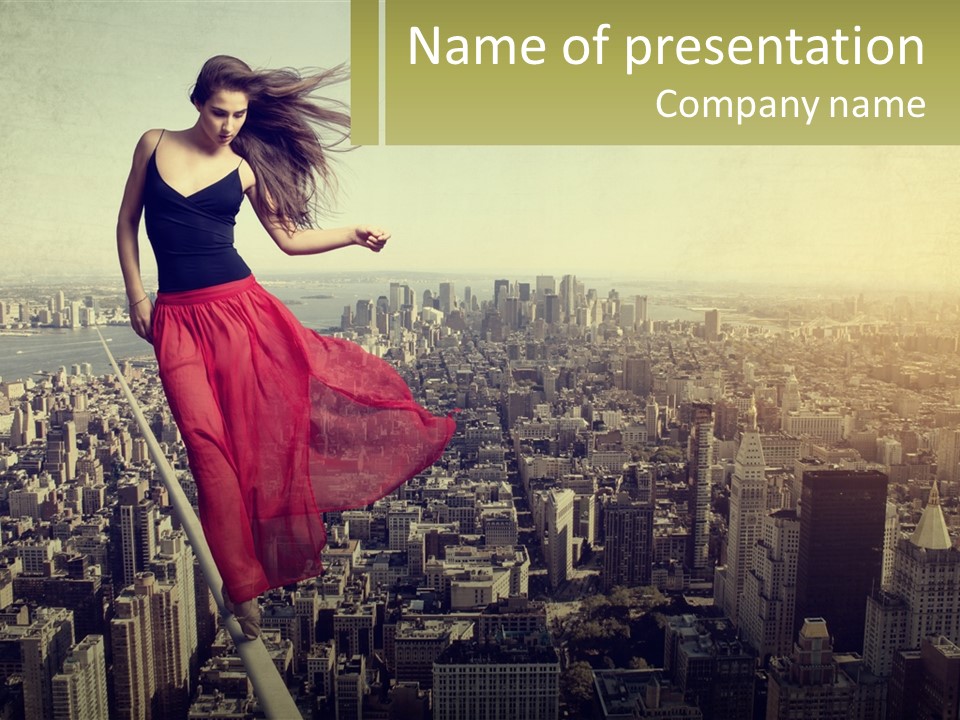 A Woman In A Red Dress Standing On Top Of A Pole PowerPoint Template