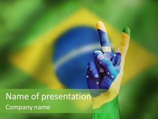 A Person Making A Peace Sign In Front Of A Brazil Flag PowerPoint Template