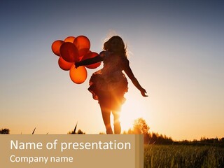 A Woman Holding Balloons In The Air At Sunset PowerPoint Template
