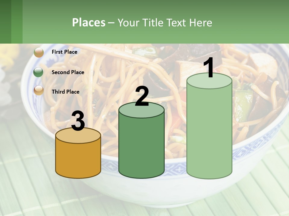 A Blue And White Bowl Filled With Noodles And Vegetables PowerPoint Template