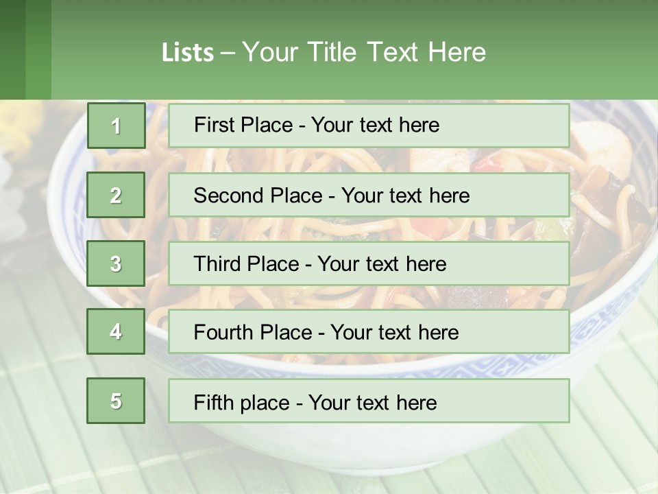 A Blue And White Bowl Filled With Noodles And Vegetables PowerPoint Template