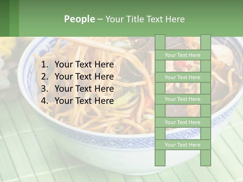 A Blue And White Bowl Filled With Noodles And Vegetables PowerPoint Template