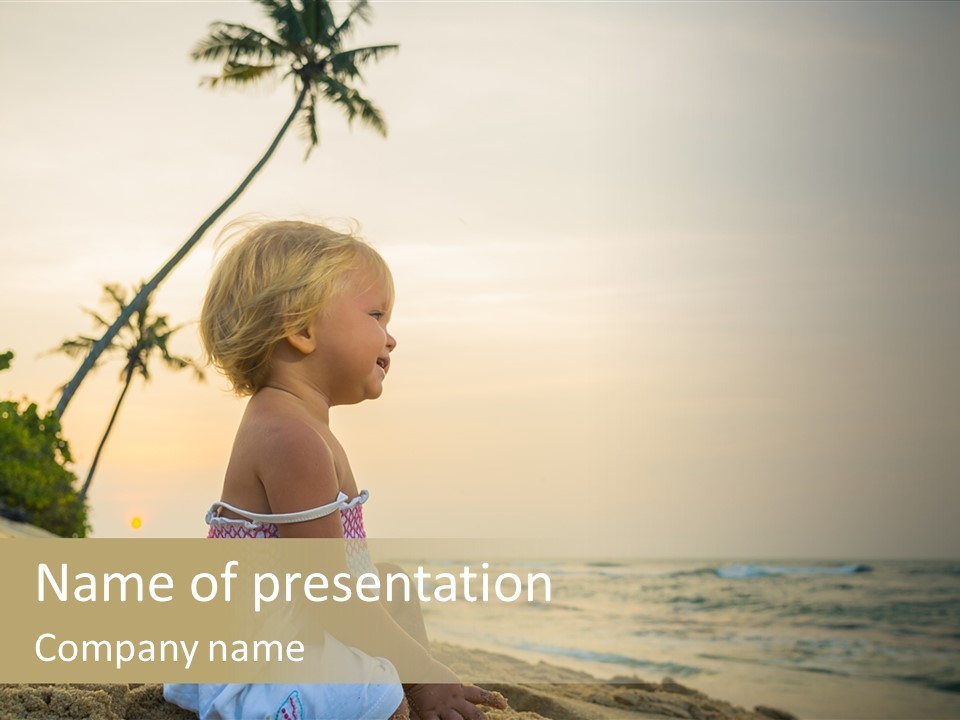 A Little Girl Sitting On The Beach With A Palm Tree In The Background PowerPoint Template
