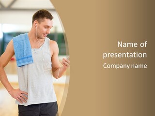 A Man With A Towel And Headphones Is Looking At His Cell Phone PowerPoint Template