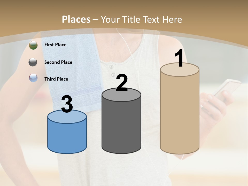 A Man With A Towel And Headphones Is Looking At His Cell Phone PowerPoint Template