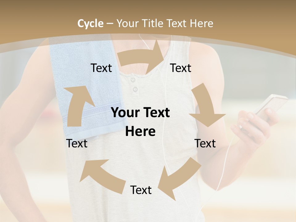 A Man With A Towel And Headphones Is Looking At His Cell Phone PowerPoint Template