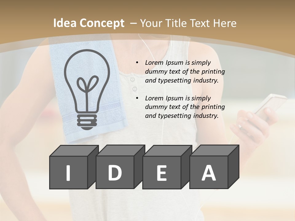 A Man With A Towel And Headphones Is Looking At His Cell Phone PowerPoint Template