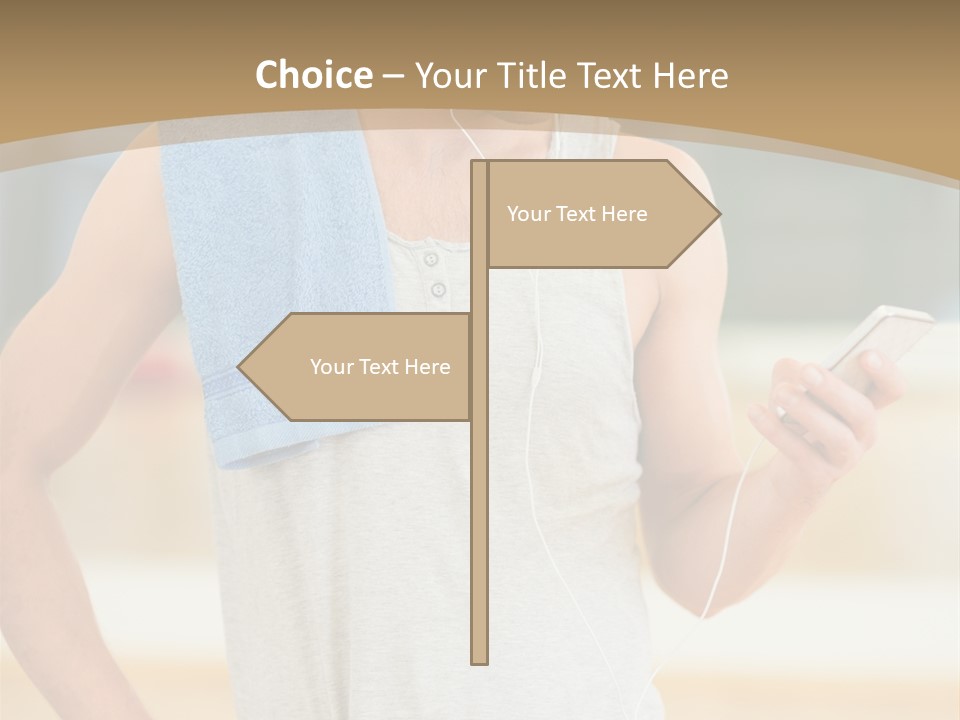 A Man With A Towel And Headphones Is Looking At His Cell Phone PowerPoint Template