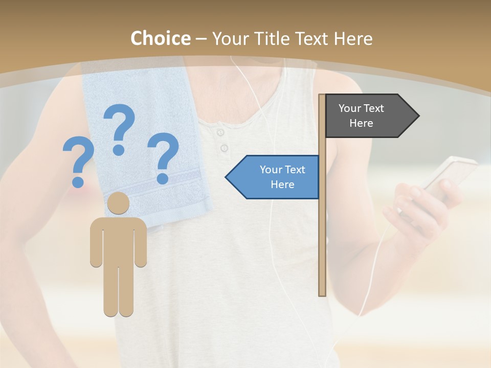 A Man With A Towel And Headphones Is Looking At His Cell Phone PowerPoint Template