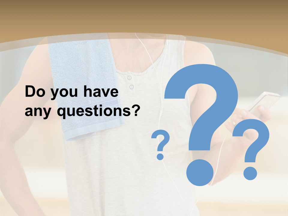 A Man With A Towel And Headphones Is Looking At His Cell Phone PowerPoint Template