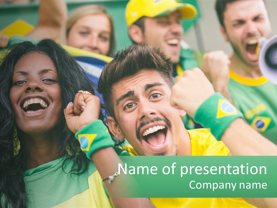 A Group Of Soccer Fans With A Megaphone In Front Of Them PowerPoint Template