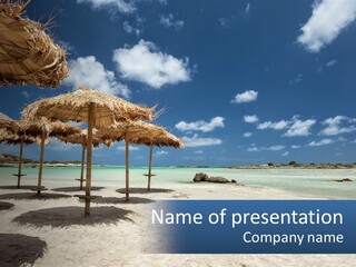 A Sandy Beach With Straw Umbrellas On It PowerPoint Template