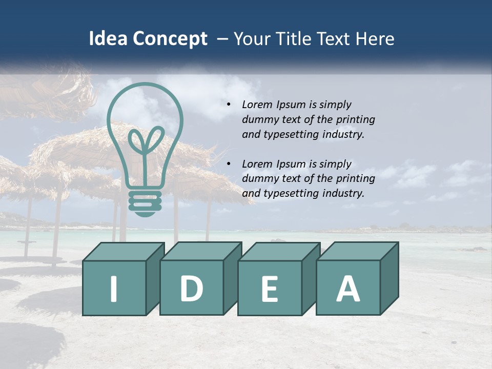 A Sandy Beach With Straw Umbrellas On It PowerPoint Template