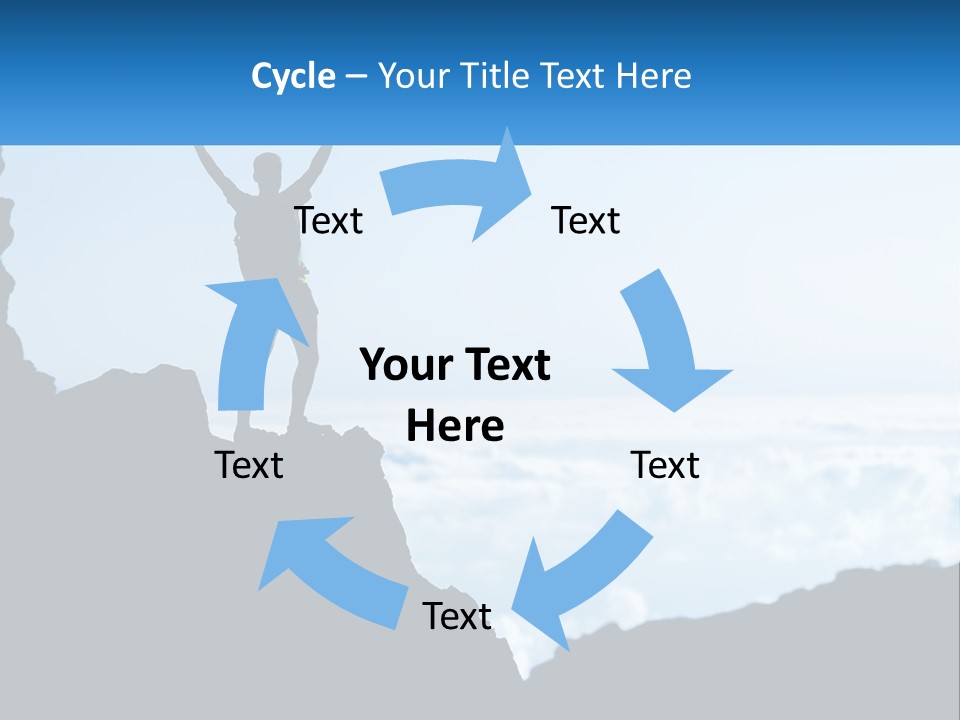 A Person Standing On Top Of A Mountain With Their Arms In The Air PowerPoint Template